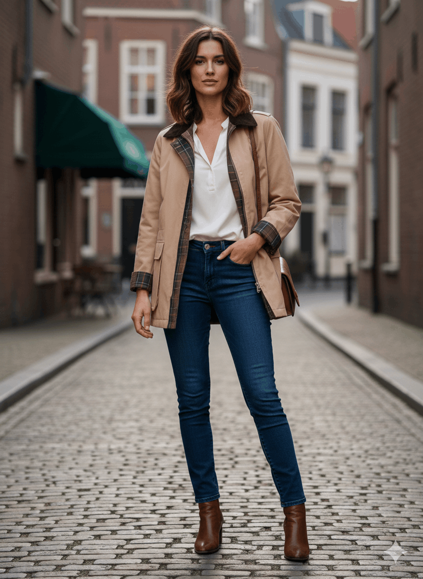 İçi Ekose Desenli Mevsimlik Camel Ceket